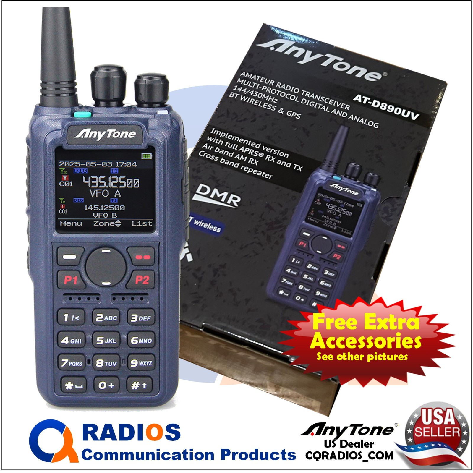AnyTone AT-D890UV GPS DMR Analog UHF VHF Radio FREE Accessories ATD890UV