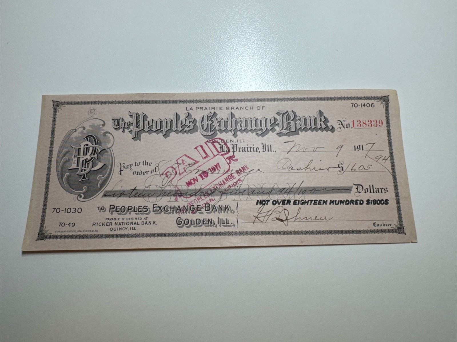 Peoples Exchange Bank - Bank Draft - La Prairie IL - 1917