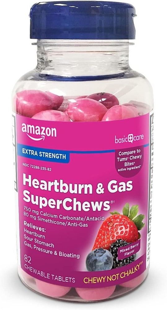 Amazon Basic Care Heartburn & Gas SuperChews Mixed Berry 82ct Comparable to Tums