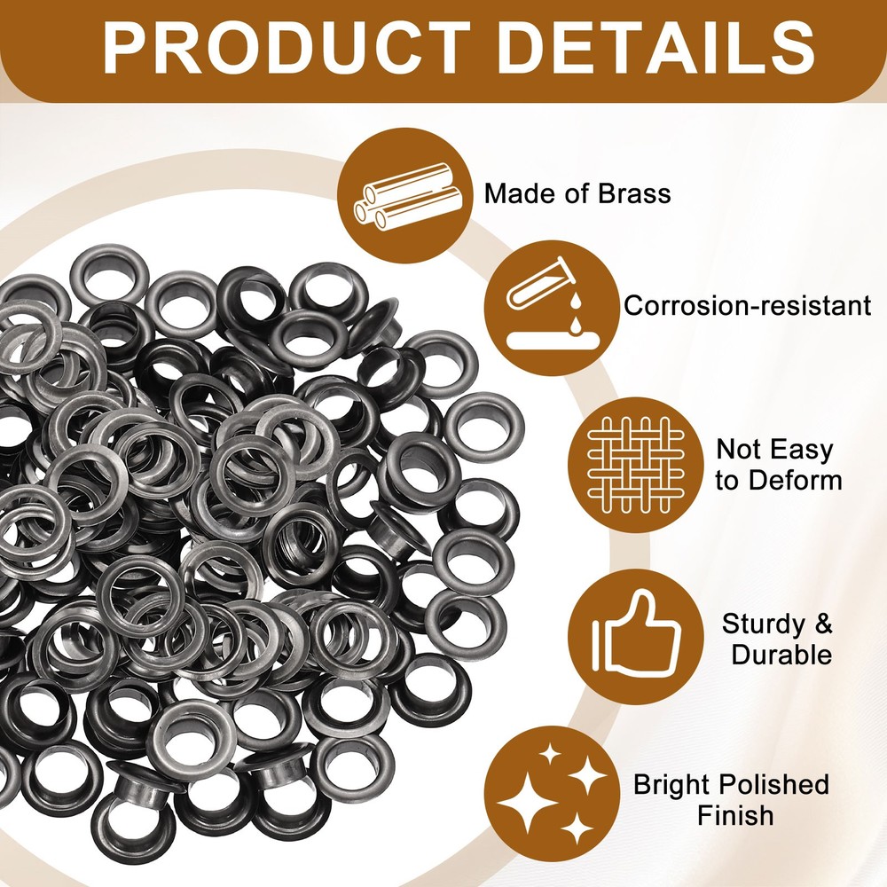 200 Sets Grommets Eyelets, 6mm Brass Self Backing Eyelets, Black