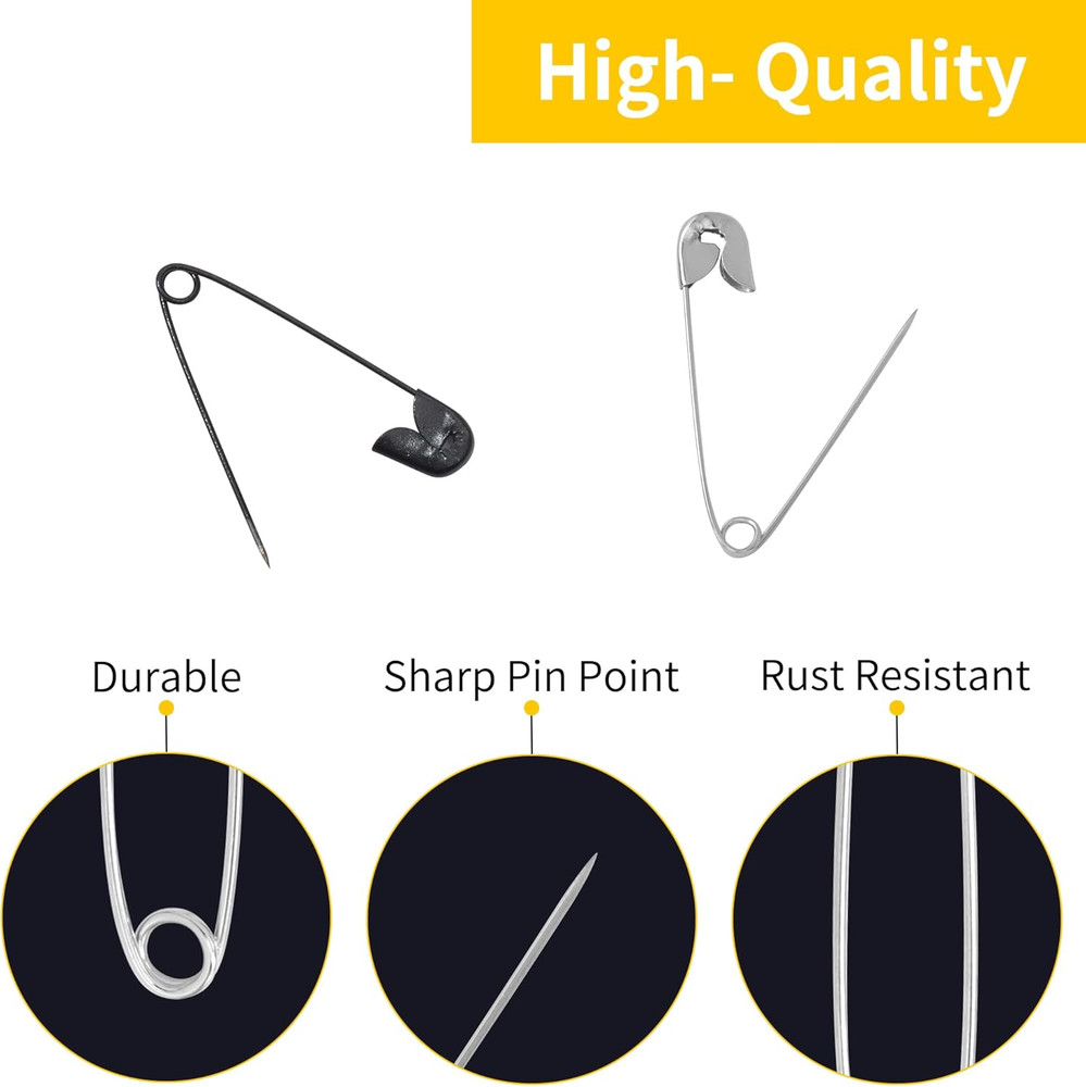 210 PCS 4 Different Sizes Silver and Black Safety Pins Assorted, Small and Large