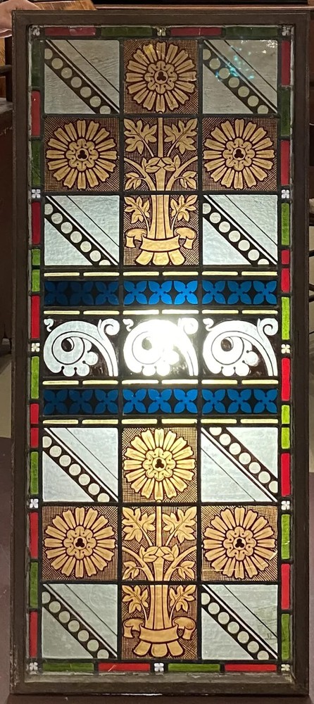 Arts & Crafts Leaded Stained Glass Window Panel with Iron Frame