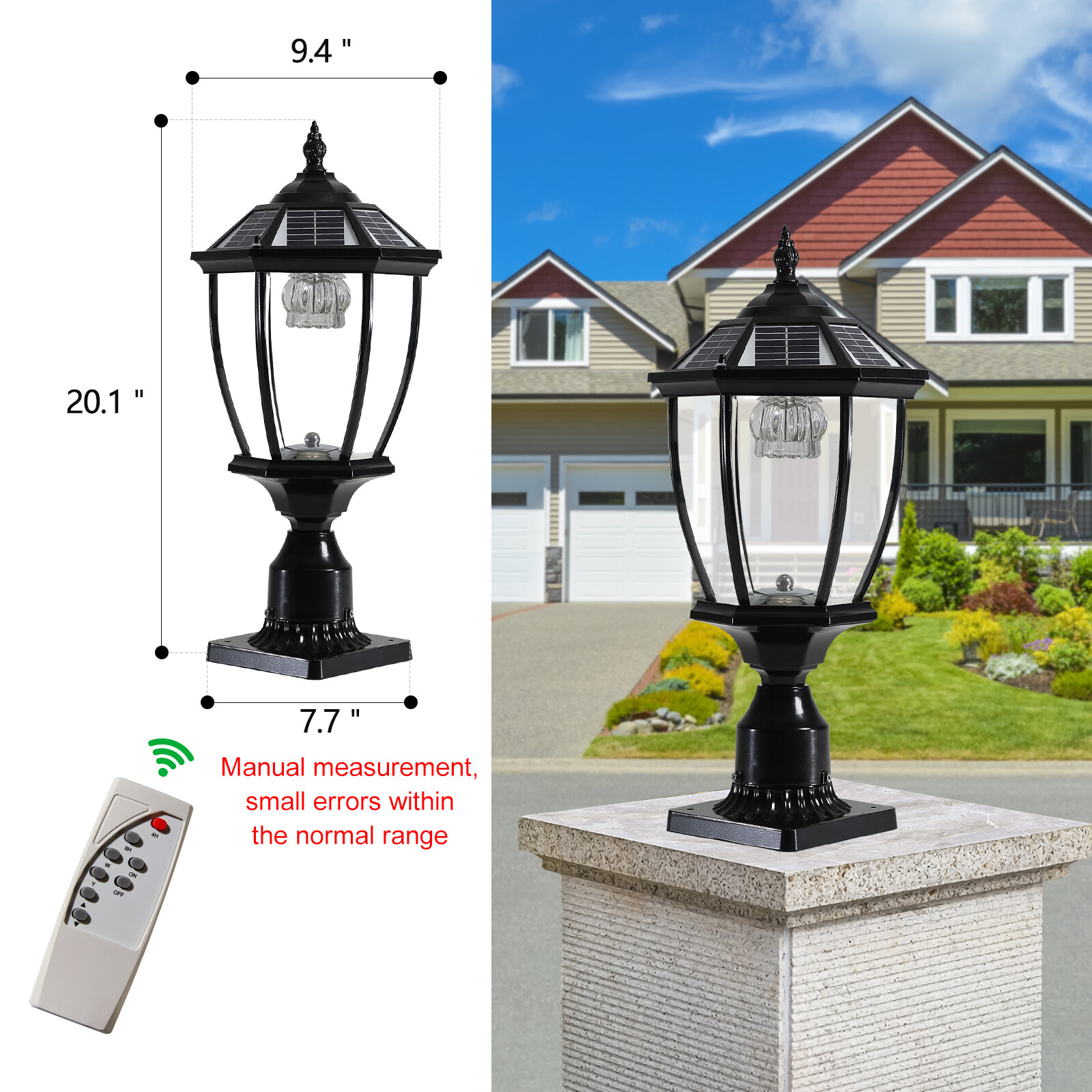 2 Pack 20'' Solar Post Light Outdoor Black Pillar w Remote Control Dusk To Dawn