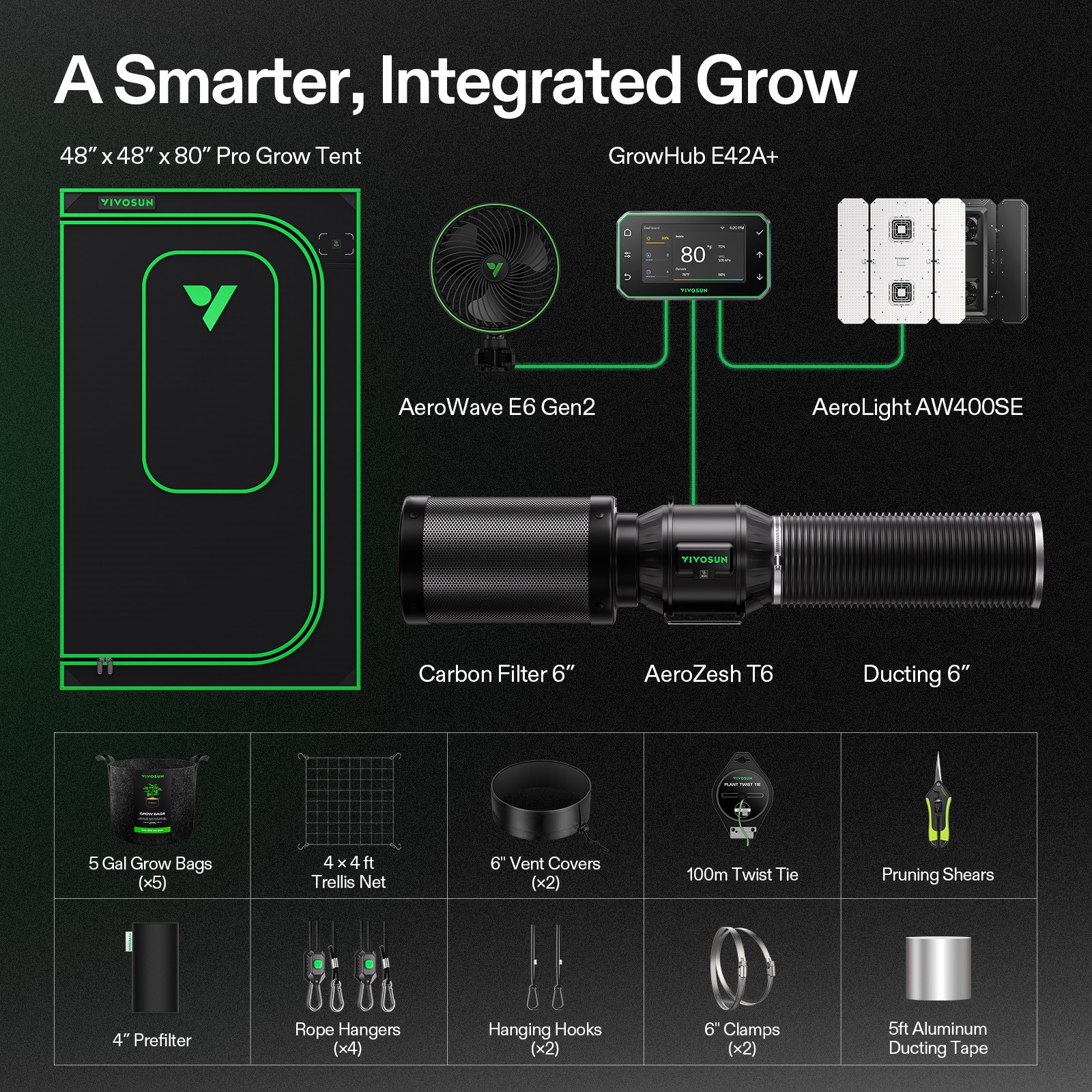 VIVOSUN 4x4FT E42A+ PRO Grow Tent Kit w/ Aerolight AW400SE & T6 Ventilation Kit