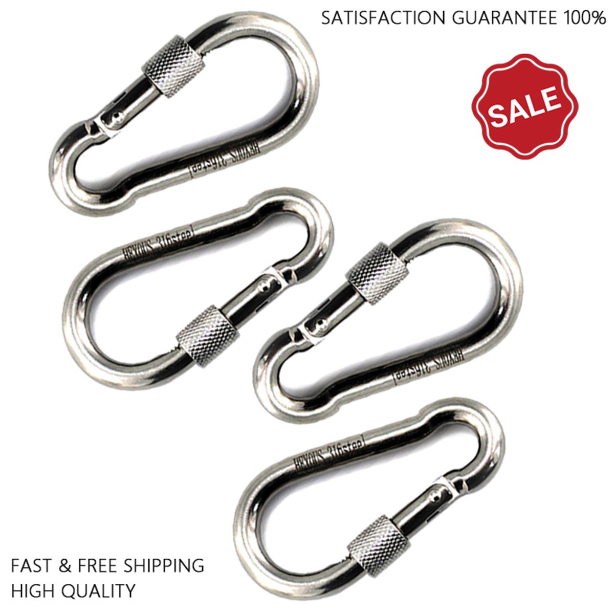 4PCS 3.16" 316 Stainless Steel Carabiner Clips Heavy Duty Lock Snap Spring Hook