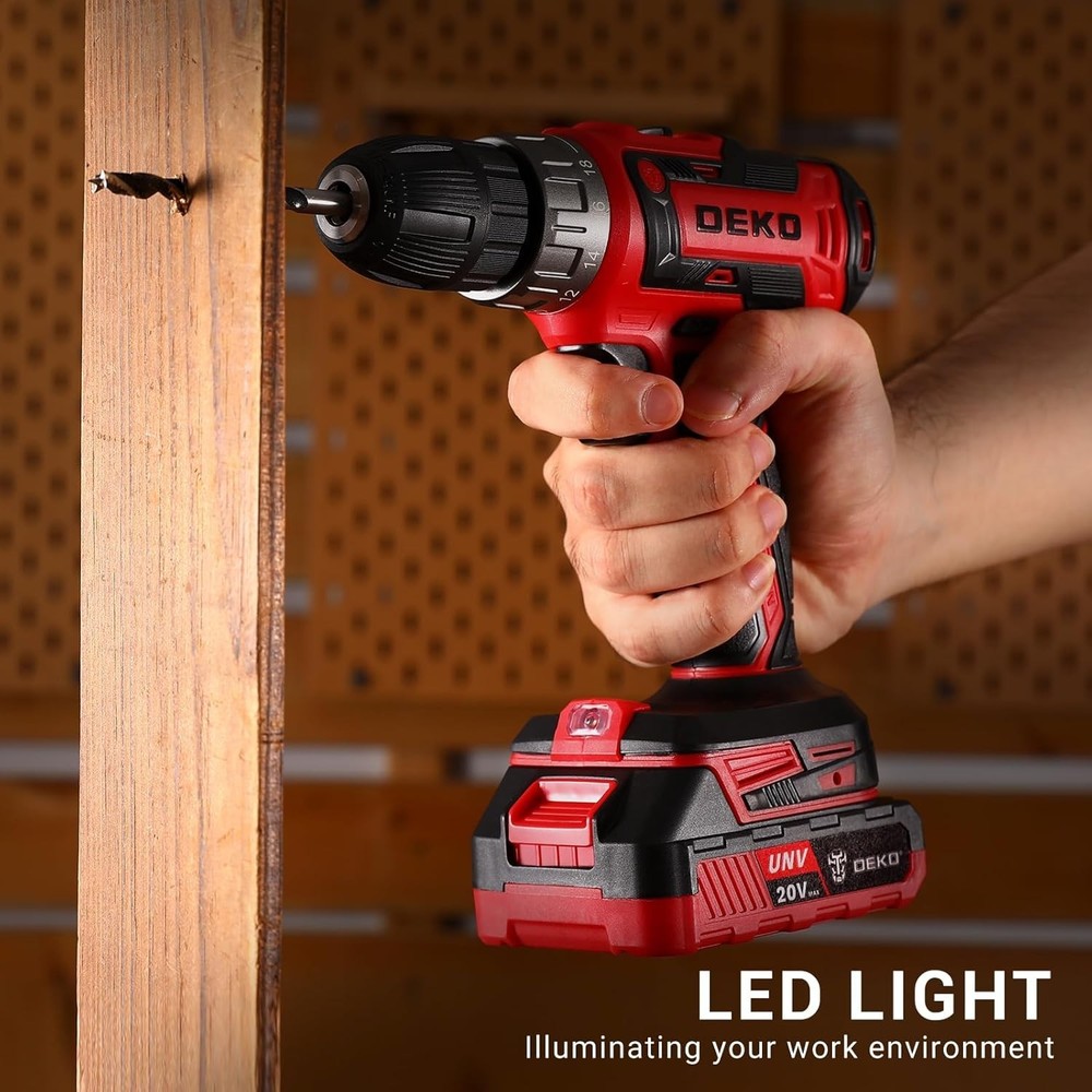DEKO PRO Red Cordless Drill - Lightweight 20V Kit with Comprehensive Bits Set