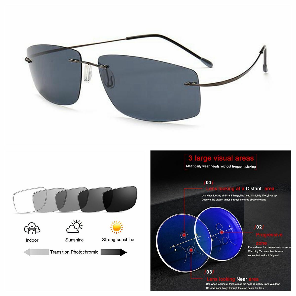 Multifocal Progressive Photochromic Rimless Memory Alloy Optical Reading Glass