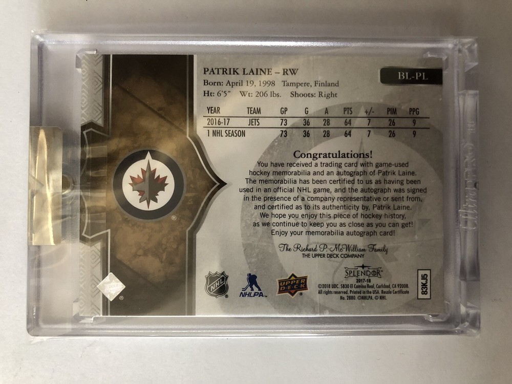 17-18 Splendor - Patrik Laine Patch Auto 2/5