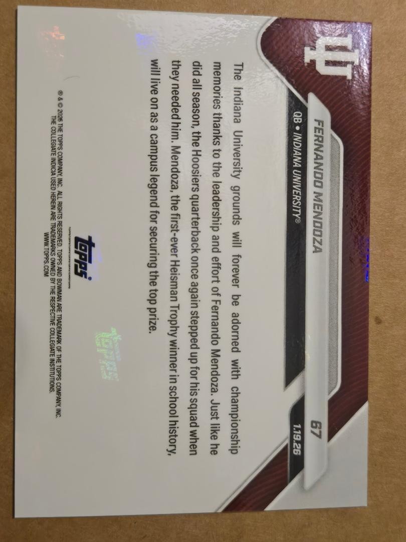 FERNANDO MENDOZA ROOKIE RC CARD BOWMAN U NOW 67 NATIONAL CHAMPION PROMISE LAND