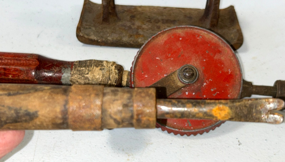 Vintage 5 Wooden Handles Tools: Drill, Screwdriver, Edger, Tack Puller,