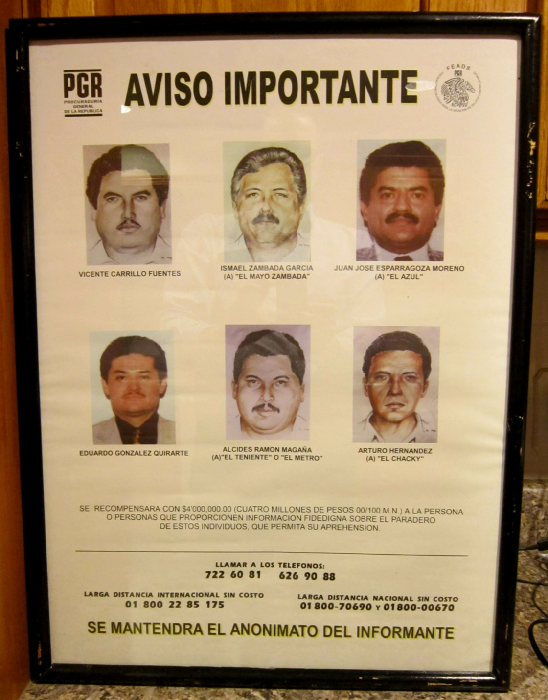 RARE Mexican Drug Lords Wanted Poster Framed ( 6 Drug Lords ) 19" x 25" -Spanish