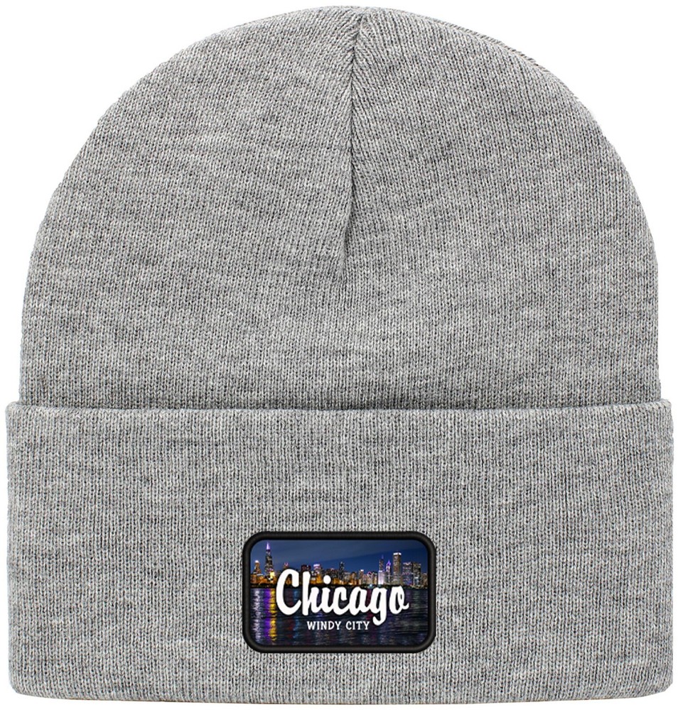 Chicago Skyline Windy City Patch Cuffed Knit Hat Grey