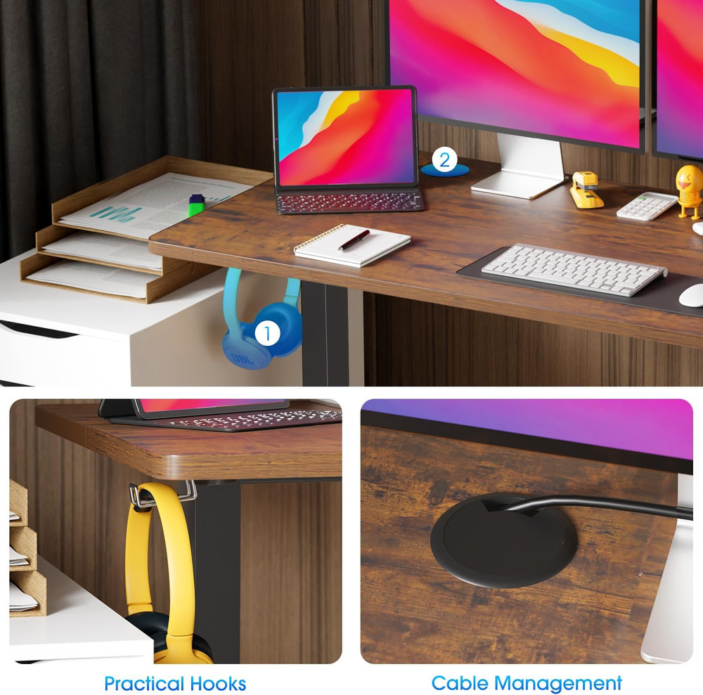 48" Electric Standing Desk with Memory Function & Headphone Holder - Brown