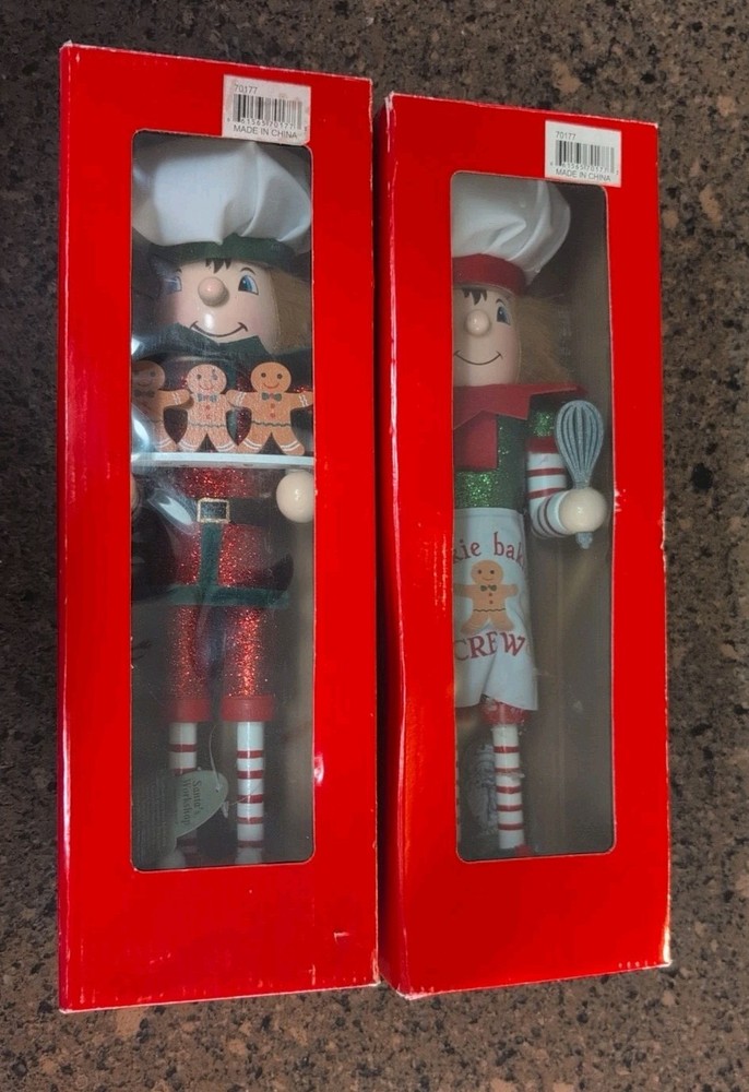 2 SANTA'S WORKSHOP 14" WOODEN NUTCRACKER COOKIE CREW ELVES 70177