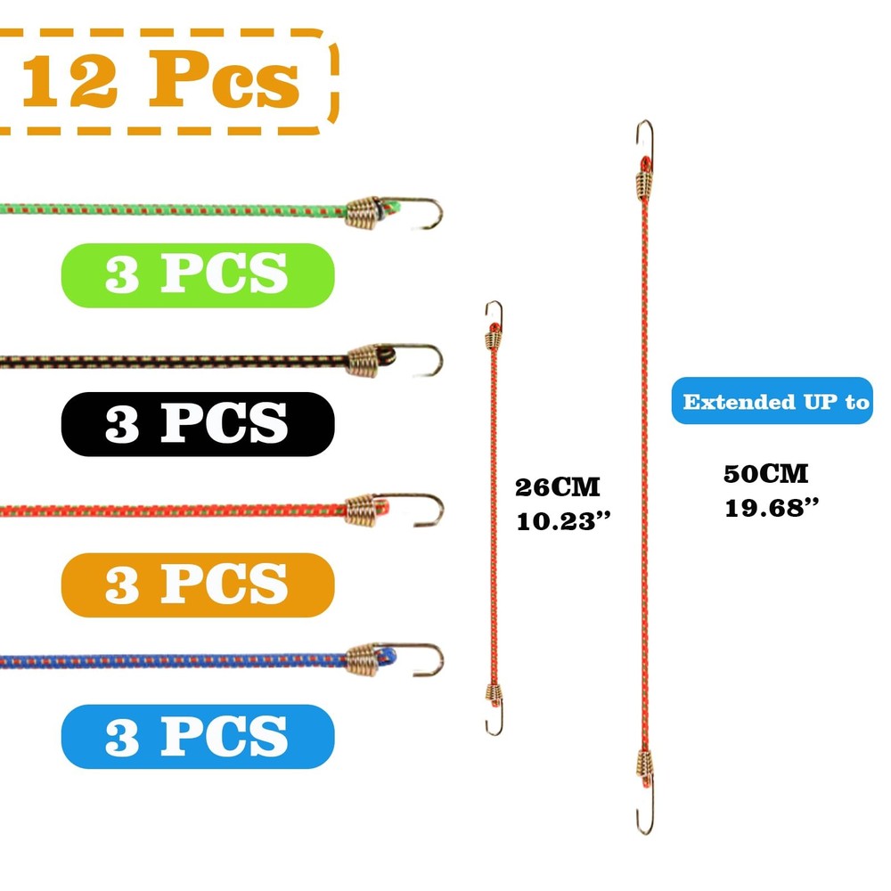 Small Bungee Cords with Hooks, 12-Piece Adjustable Set