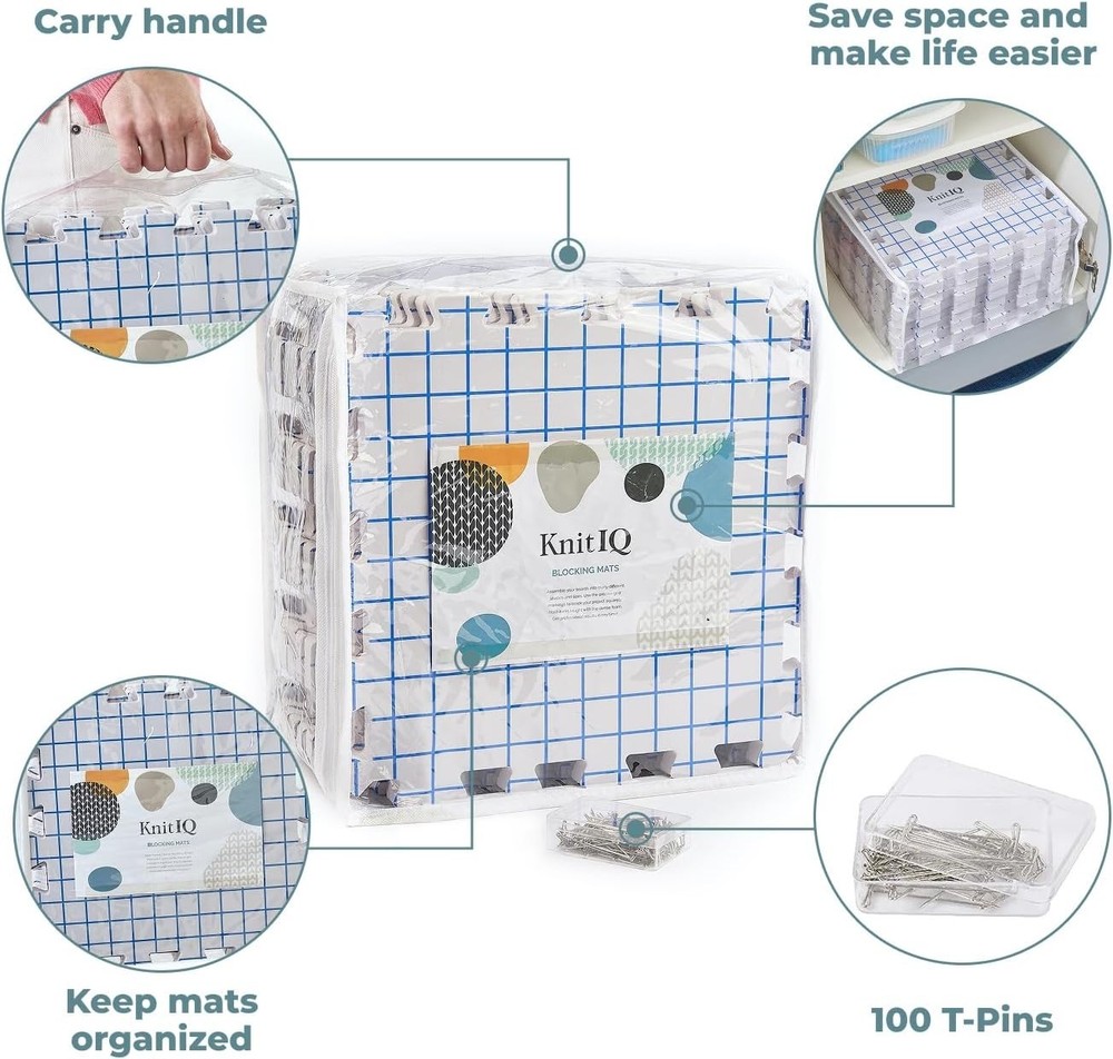 Knitting Blocking Mat Set - Gridlines, T-Pins, Storage Bag