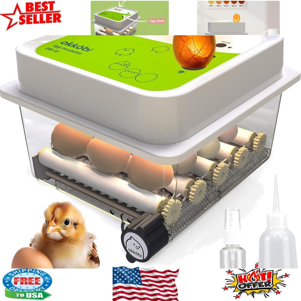 User-Friendly Egg Incubator for 12 Eggs - Integrated Candler & Humidity Control