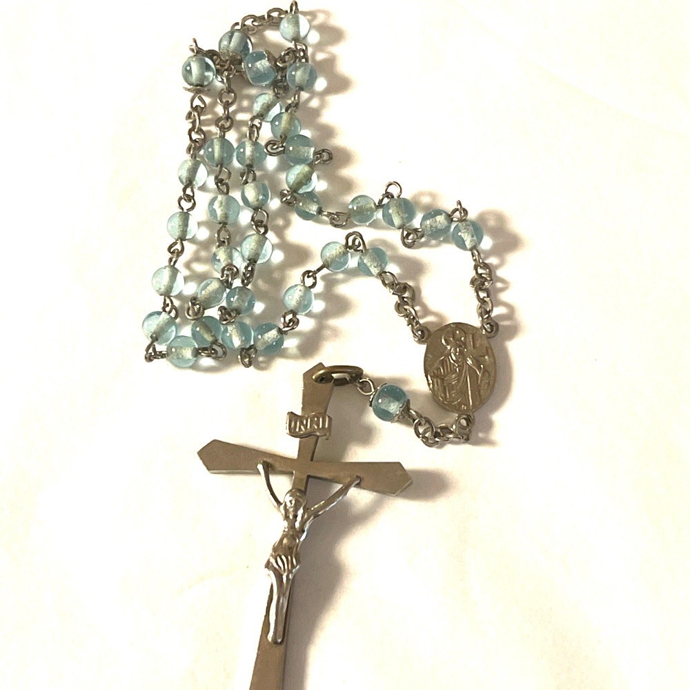 Light Blue Silvertone Christian Catholic Rosary Bead Necklace