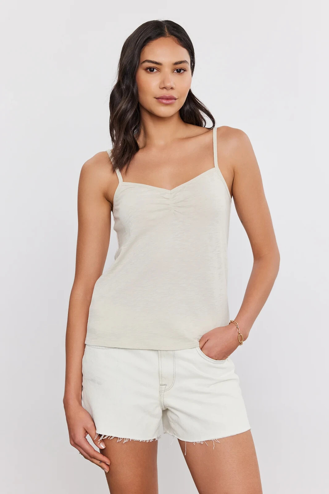 VELVET By Graham & Spencer Peg Cotton Slub Ruched Tank Top Sand S $85 H14