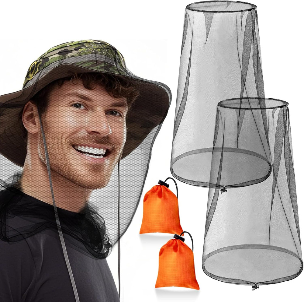 2 Pack  Mosquito Head Nets with Drawstring, Premium Bug Net for Head, Universal