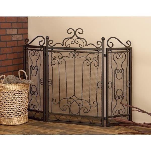Brown Metal Scroll Foldable Mesh Netting 3 Panel Fireplace Screen 38" X 48"