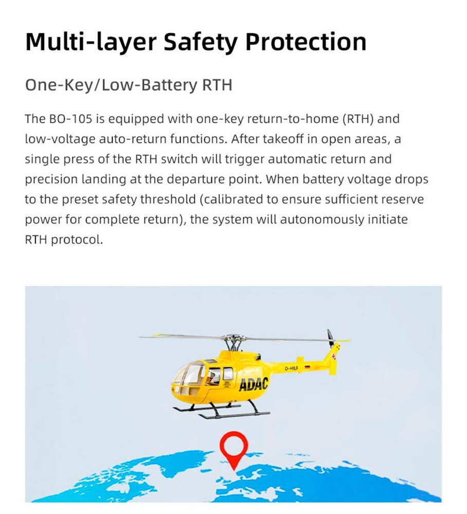 FlyWing BO105 RC Helicopter 4 Blades GPS ACE Flight Controller 1 Battery US plug