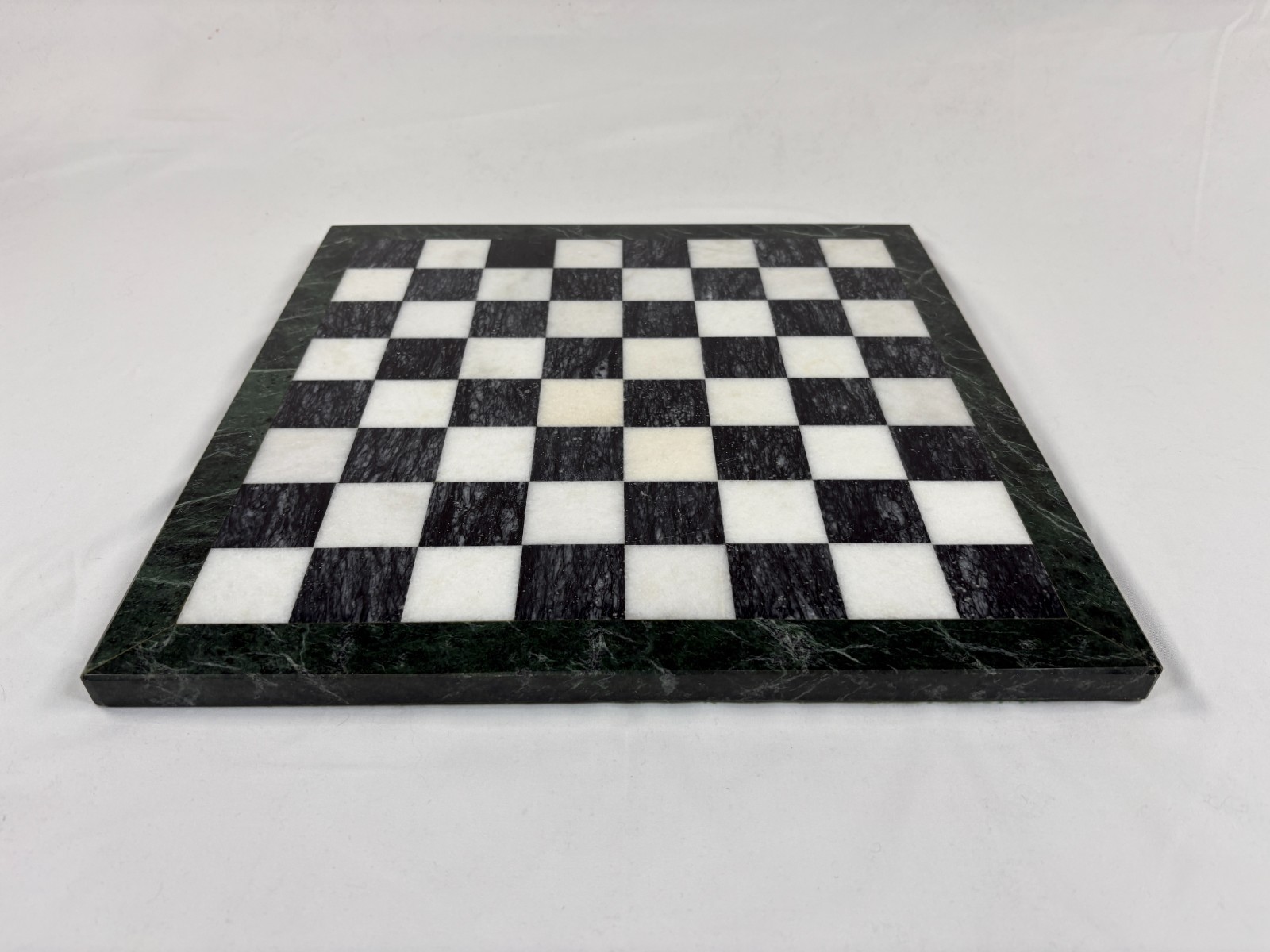 Marble Chess Board Black White With Green Border Stone 15 Inch Vintage Used