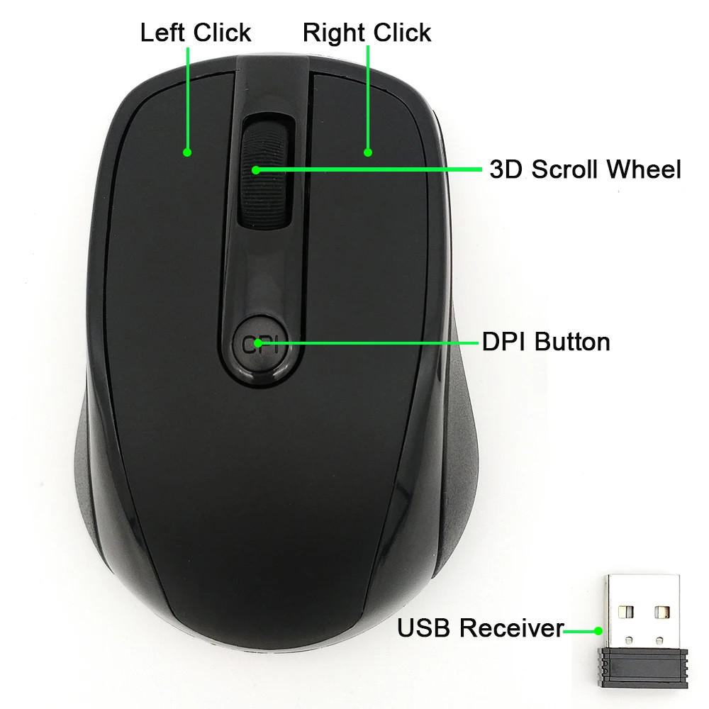 High Quality 2.4GHz USB Wireless Mouse - 2000DPI Adjustable Comfort Optical Mi