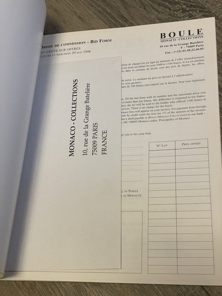 1998 Boule Monaco French Colonies Stamp Auction Catalog Paperback