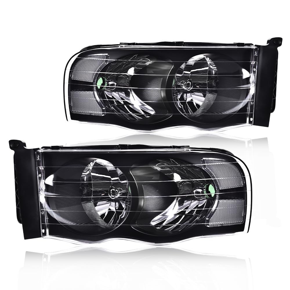 Halogen Headlight Assembly for 2002-2005 Dodge Ram, Black Housing