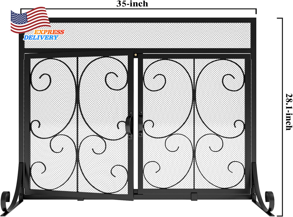 Flat Fireplace Screen with Doors Wrought Iron Frame with Metal Mesh