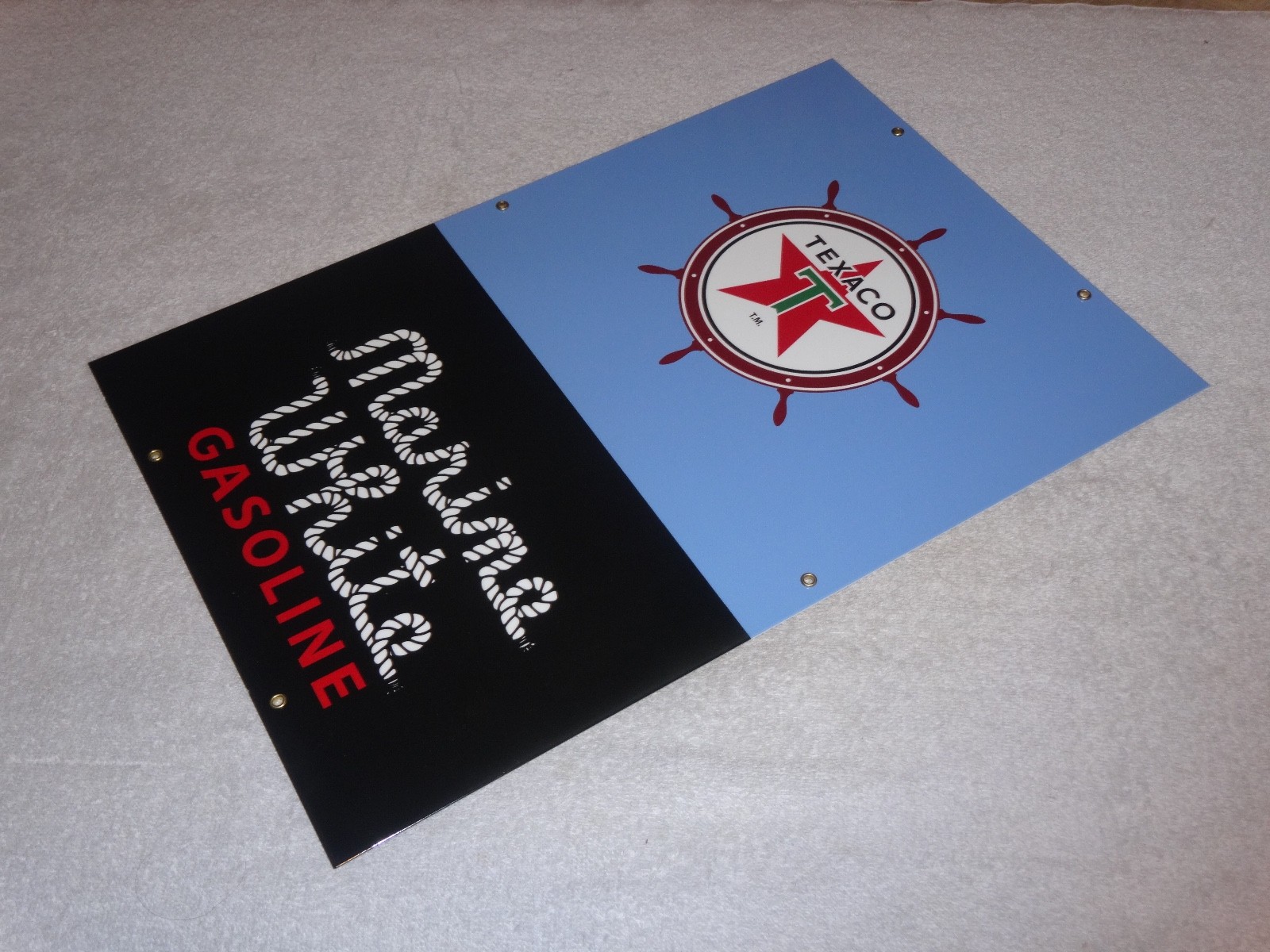 VINTAGE TEXACO MARINE WHITE GASOLINE 18" PORCELAIN METAL GAS OIL PUMP PLATE SIGN