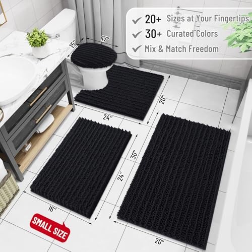 Luxury Chenille Bathroom Rug Mat, Extra Soft Thick 24" x 16" Rectangular Black
