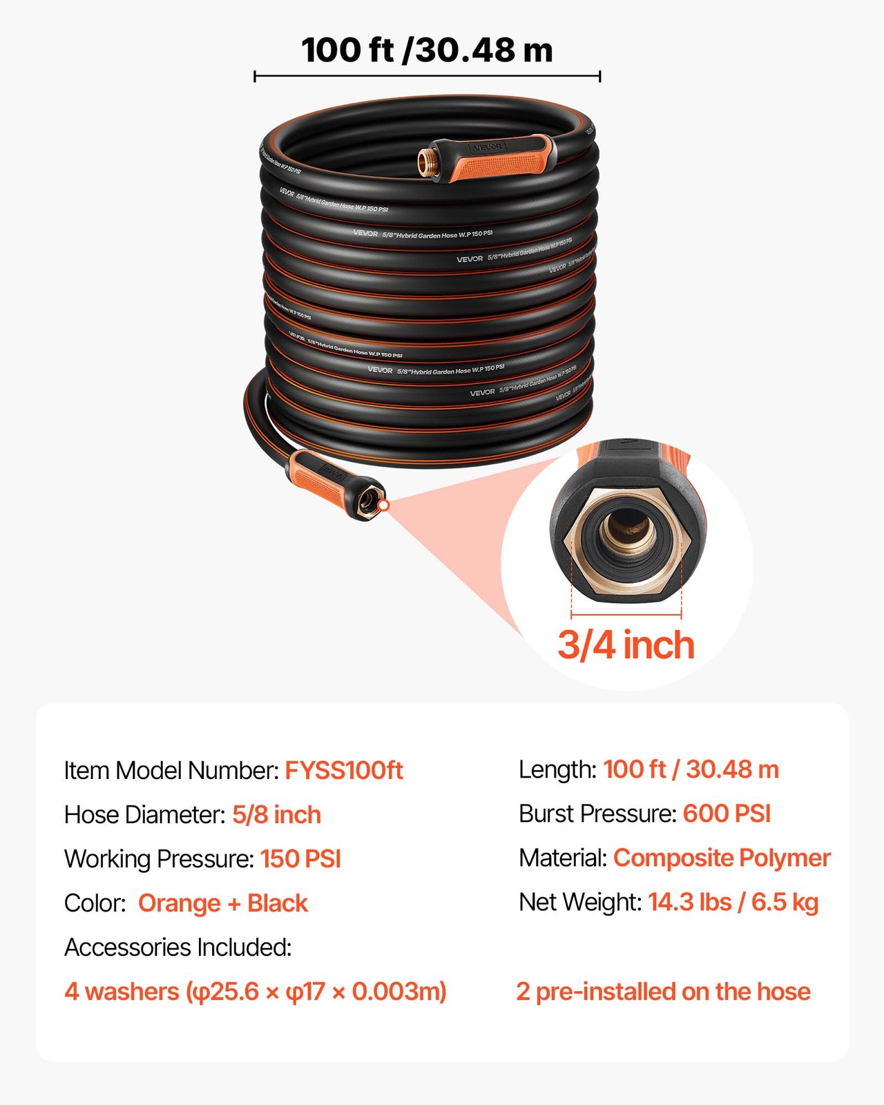 VEVOR Garden Hose 100ft 5/8" Rubber Water Hose 3/4"Fitting Heavy Duty & Non-kink