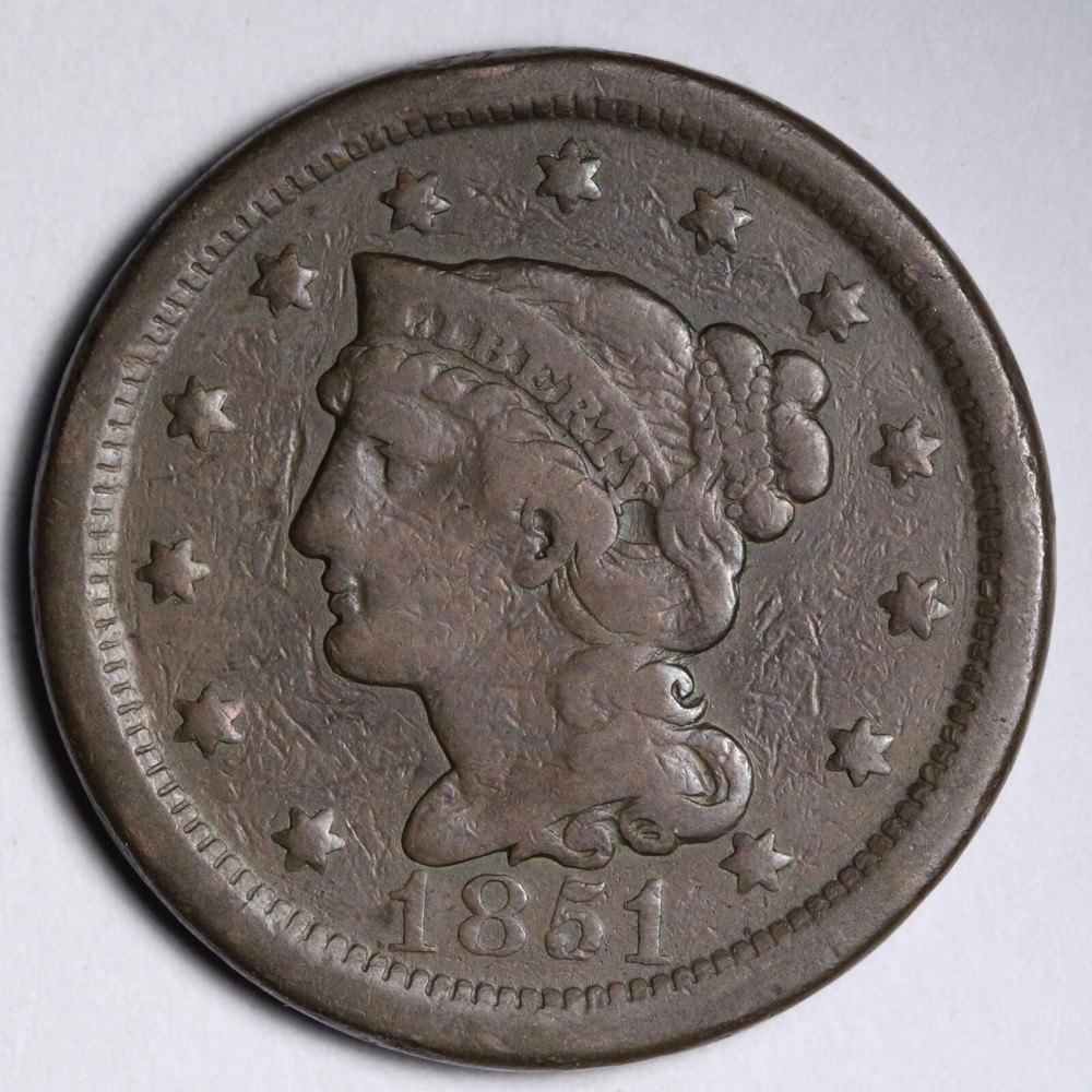 1851 Braided Hair Large Cent CHOICE FINE E148 DCV