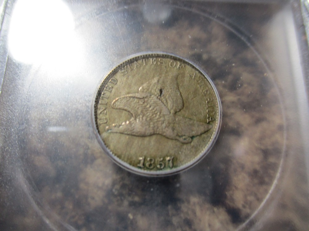 1857 FLYING EAGLE CENT BROKEN WING TIP, CLEANED ICG VF35 DETAILS 601