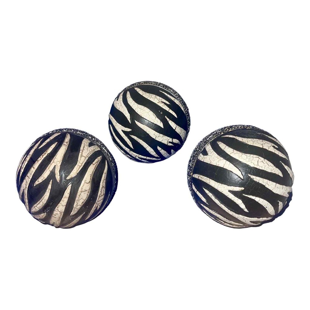 3 Decoritive Orb Set - Zebra, Leopard, Silver 4 inch diameter