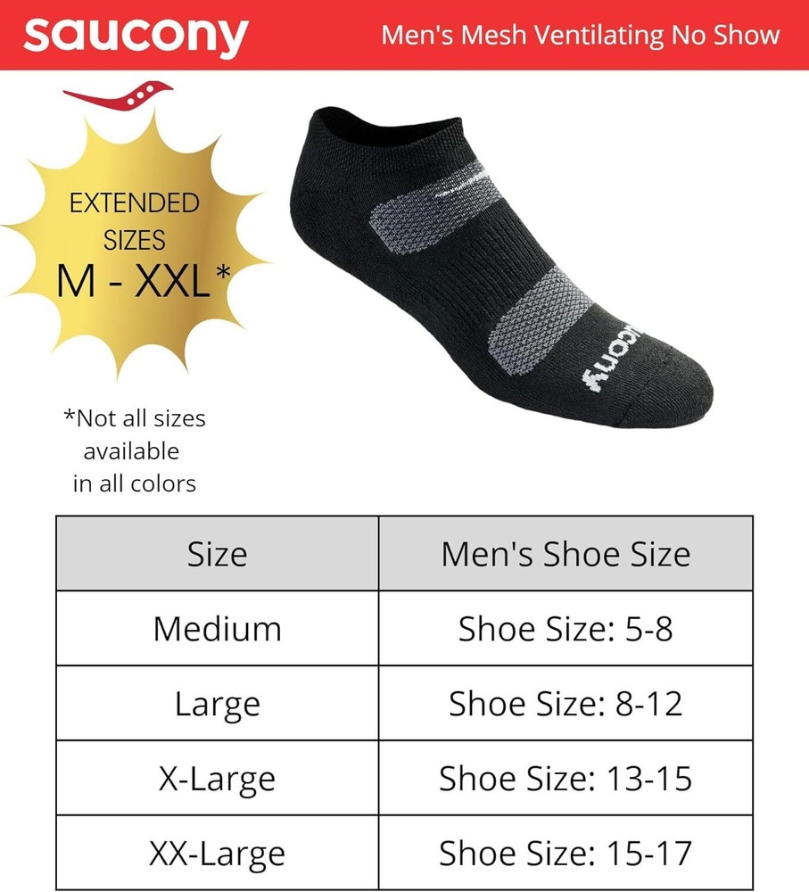 Saucony Men's Multi-Pack Mesh Ventilating Comfort 8-12, Black Basic (6 Pairs)