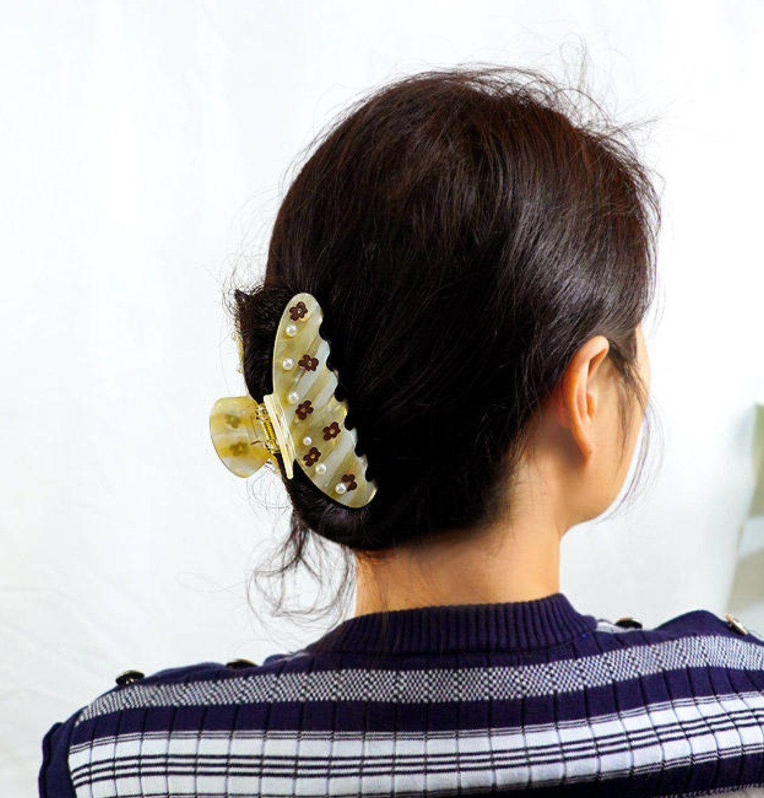 Yellow Half Moon Brown Flower Hair Claw Stick Pearl Elegant Acetate Hair Clip