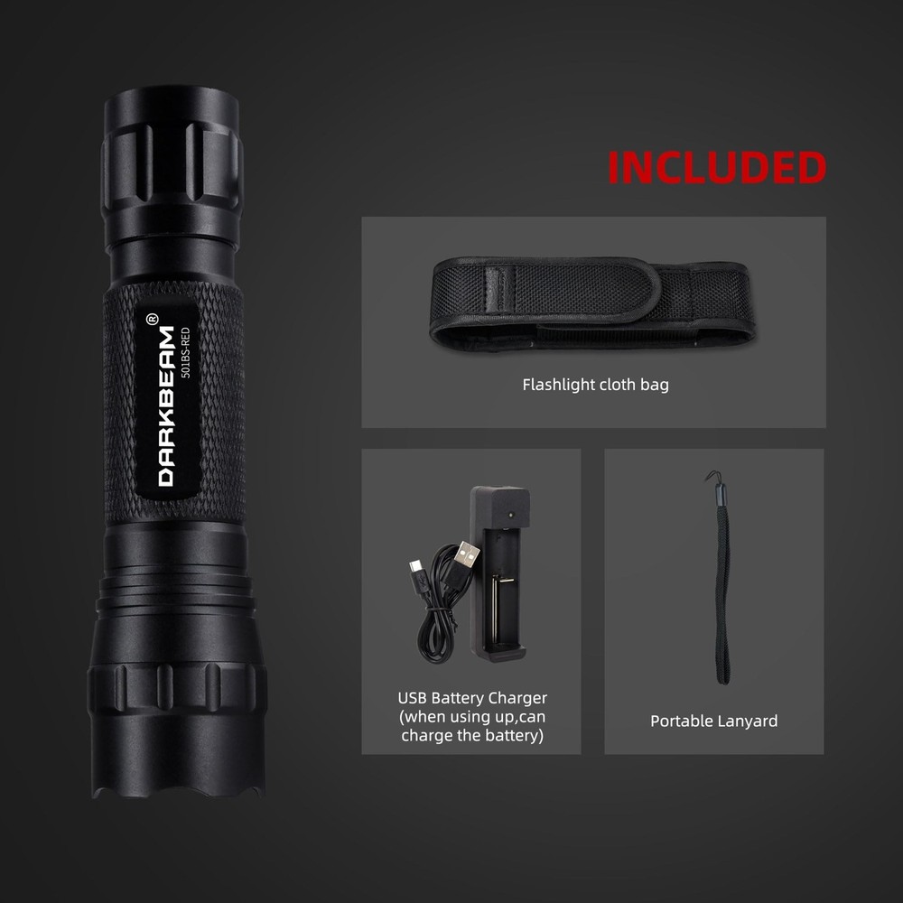 DARKBEAM Red Light Flashlight Tactical LED Rechargeable, Zoomable Portable Ha...