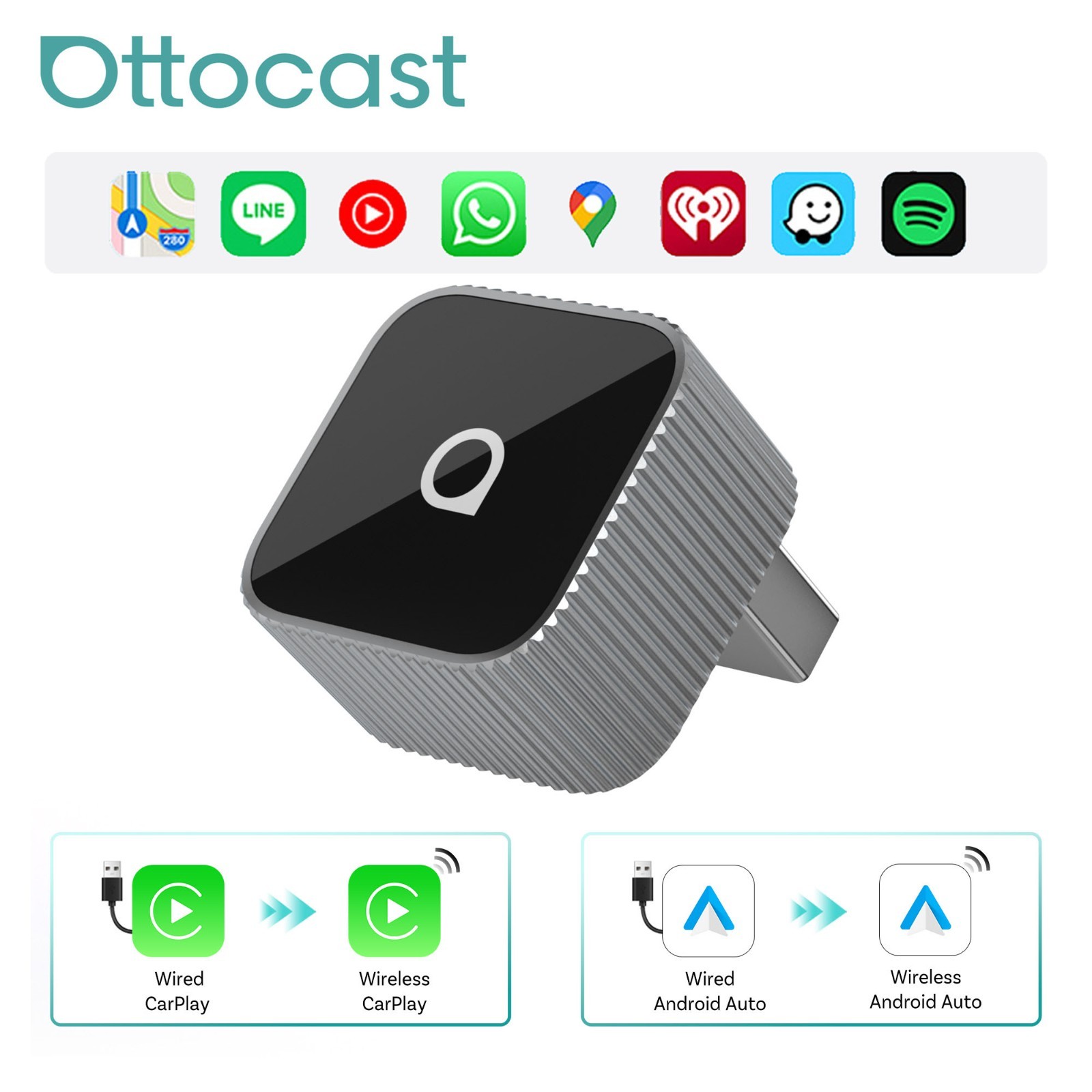2in1 Ottocast USB Wireless CarPlay+Android Auto Adapter w/One-Click Disconnect