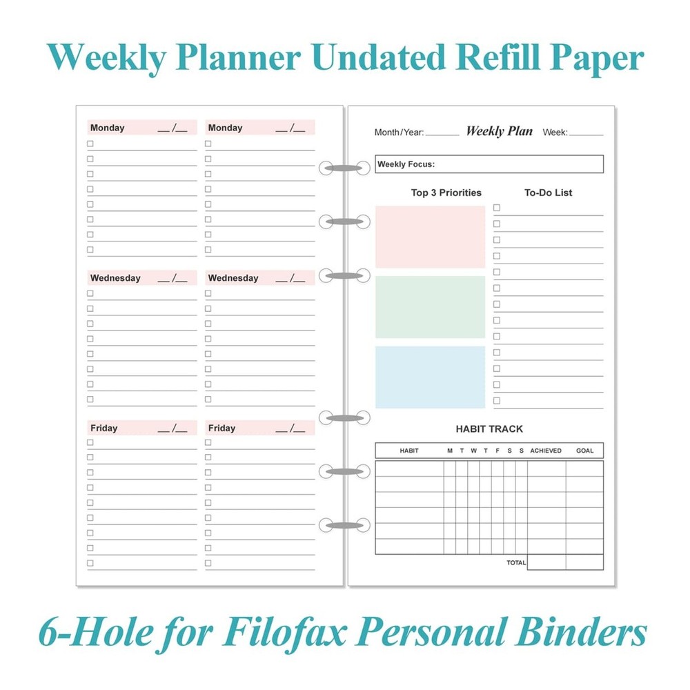 (2-Pack) A6 Weekly Planner Refills for Filofax Personal Binders, 106 Sheets/2...