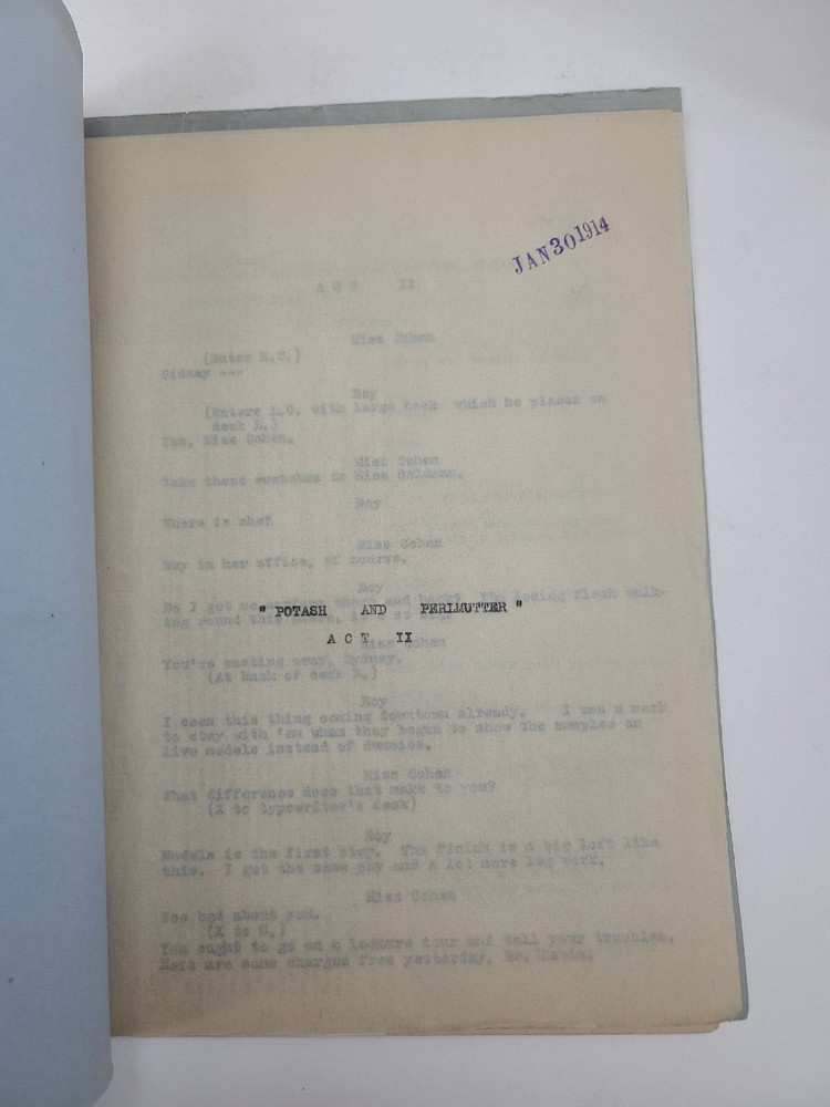 POTASH AND PERLMUTTER / 1914 Broadway Play Script, produced by A. H. Woods