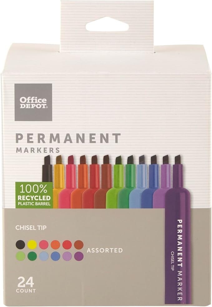 Office Depot Tank-Style Permanent Markers, Chisel Tip, Assorted Colors, 24 Pack