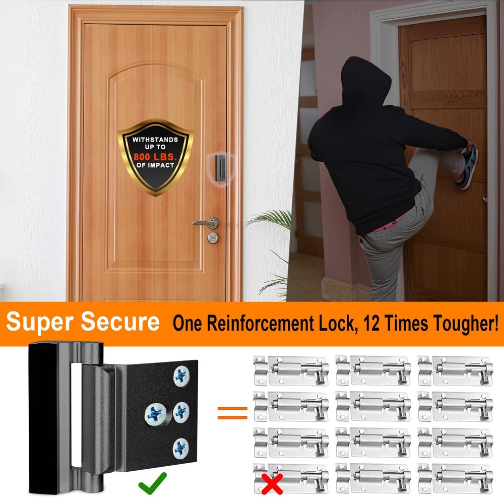 Home Security Door Reinforcement Lock, Upgraded Front 2 Pack, Black