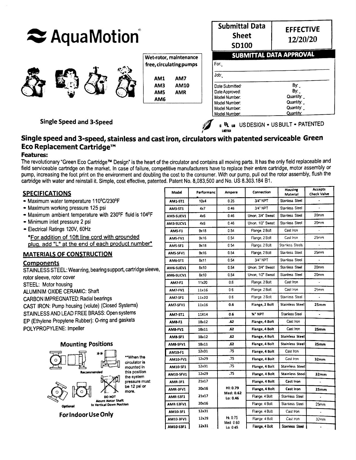 Aquamotion AM7-SUEV1LT1 SS, Single Speed Water Circulator w/3/4" Union