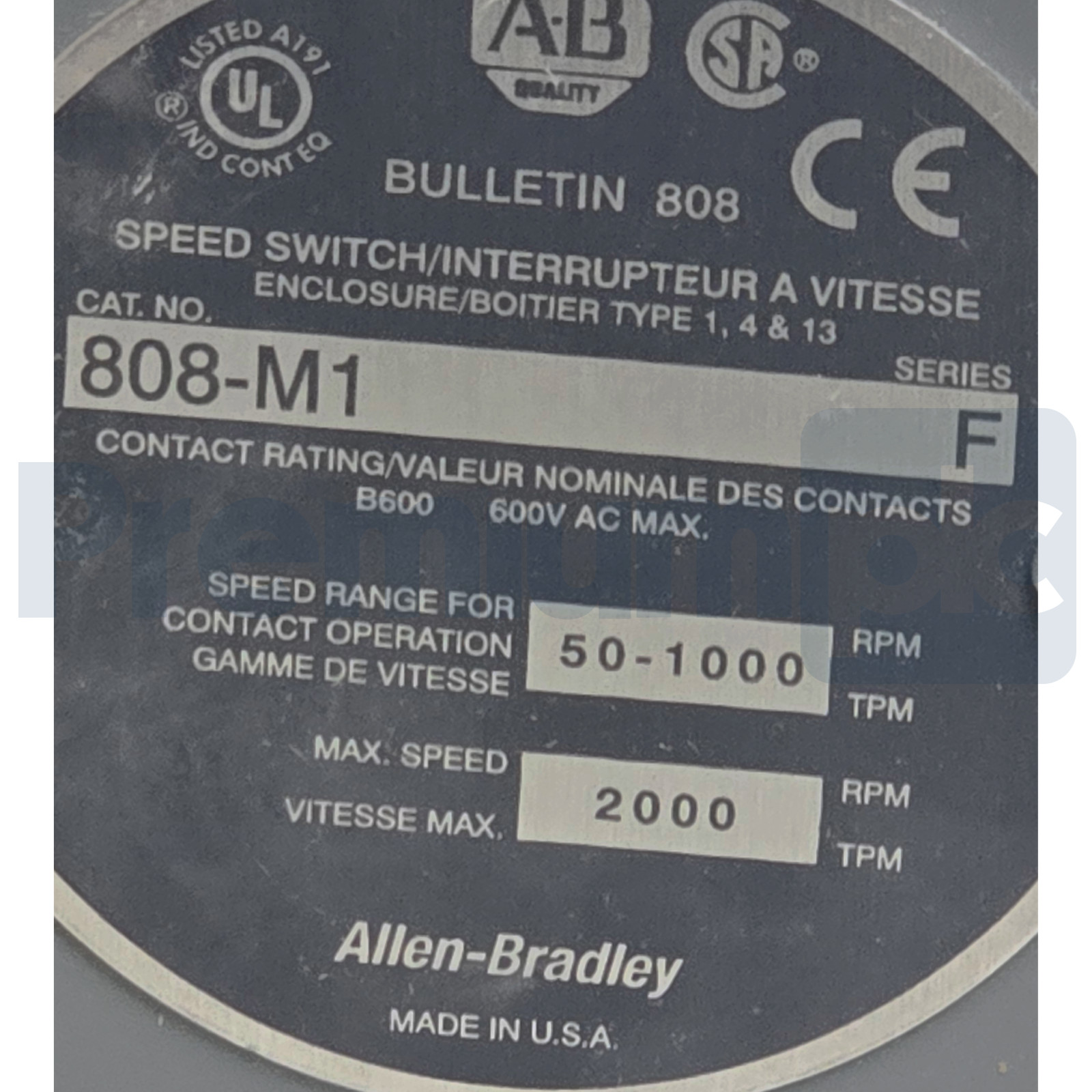 Allen Bradley 808-M1 /F Speed Switch Style M High Speed 50-1000RPM 808M1 NSMP