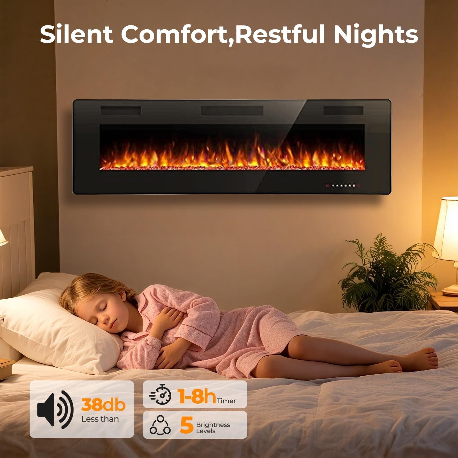 60" Electric Fireplace Recessed and Wall Mounted, 750/1500W Ultra-Thin Electric