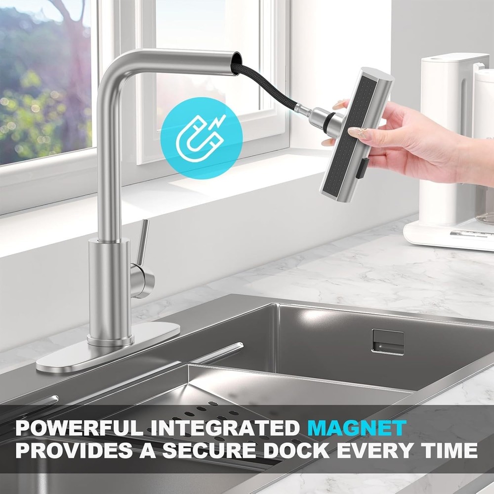 Touch On Brushed Nickel Kitchen Faucet with Waterfall Design & Pull Down Sprayer