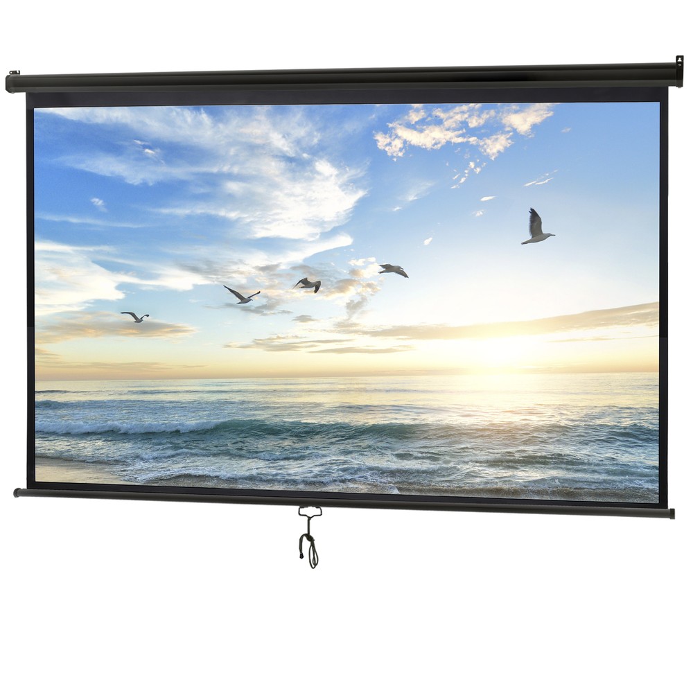 100" Projector Screen Pull Down Manual 16:9 HD Ceiling Wall Mount Black Portable
